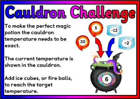 Free Maths Interactive Display, Cauldron Challenge, children add, subtract, multiply or divide to achieve target numbers.