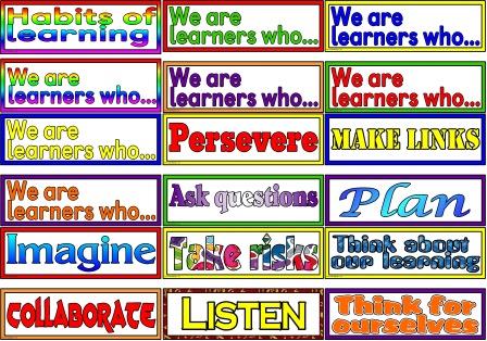 Habits of learning, We are learners who... Perservere, plan, ask questions, take risks, imagine, collaborate, listen, think for ourselves etc classroom display