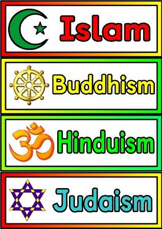 Free printable Religions Labels.  Simple posters showing the 7 main world religions and their symbols.  Includes Islam, Buddhism, Hinduism, Judaism, Sikhism, Taoism and Christianity.