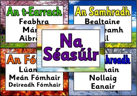 Free printable 'The Seasons' and their months, from the Irish Calendar.  Irish/Gaeilge version.