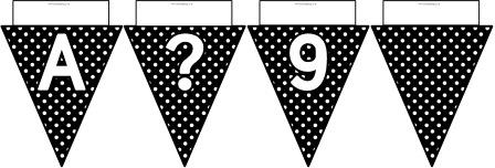 Free printable Black Polka Dot Bunting, A-Z, ?!&, numbers 0-9 and a blank flag all in one file.  Click image to download.