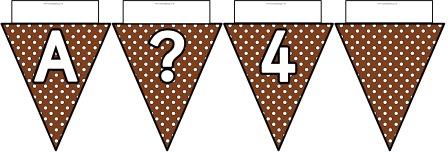 Free printable Brown Polka Dot Bunting, A-Z, ?!&, numbers 0-9 and a blank flag all in one file.  Click image to download.