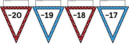 Free printable bunting numberline in alternate polka dot backgrounds.  Numbers from -20 to 20.
