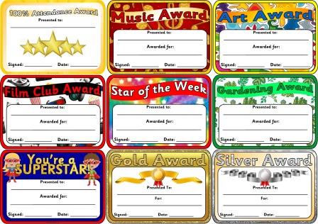 Free print your own certificates to reward your children.  Includes 100% Attendance, Film Club Award, Music Award, Super Star Award, Gold, Silver and Bronze Awards, Gardening Award, Art Award, Star of the Week.  Free printable certificates