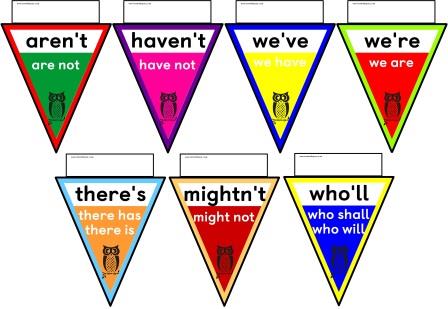 Free printable Contractions Bunting.  Includes 51 common contractions.  Print the whole set or just those you need for your class.