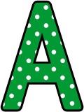 Free printable green with a white polka dot background classroom display lettering sets for bulletin board display.