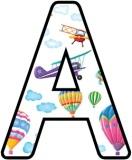 Classroom display lettering sets with a flight, up in the air background.  Includes clouds, hot air balloons and bi-planes.