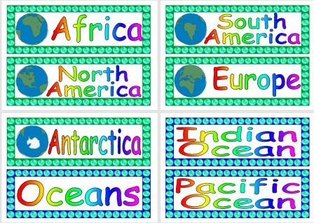 Free Printable Geography Labels for Continents and Oceans of the World