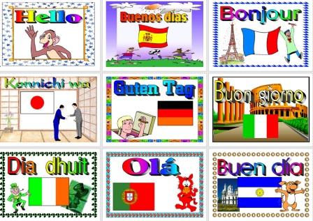 Printable hello in different languages poster set for classroom display