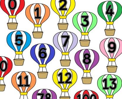 Free printable numberline from 1 to 100 on different coloured hot air balloons.  Use to create a number line, display factors in a timestables or use as target numbers - children could write a sum in the basket that matches the number on the balloon.