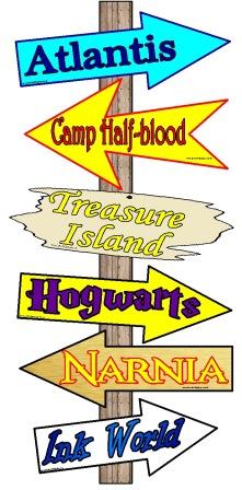 Where Will Reading Take You Today? Free printable imaginary worlds classroom display set.  Includes signs for Atlantis, Badger's House, Camp Half-blood, Discworld, Treasure Island, Hogwarts, Lilliput, Emerald City, Neverland, Rivendell, Ember, Inkworld, Cittagazze and Faraway Tree.