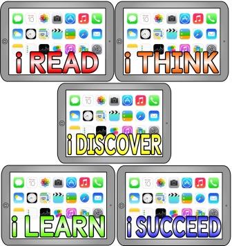 i READ, i THINK, i DISCOVER, i LEARN and i SUCCEED on ipad backgrounds.  Free printable classroom display set for bulletin boards. 