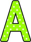 Free printable lime green with a white polka dot background classroom display lettering sets for bulletin board display.