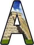 Free printable instant display lettering sets with a stepped pyramid background, Aztec, Mayan, Inca pyramid.