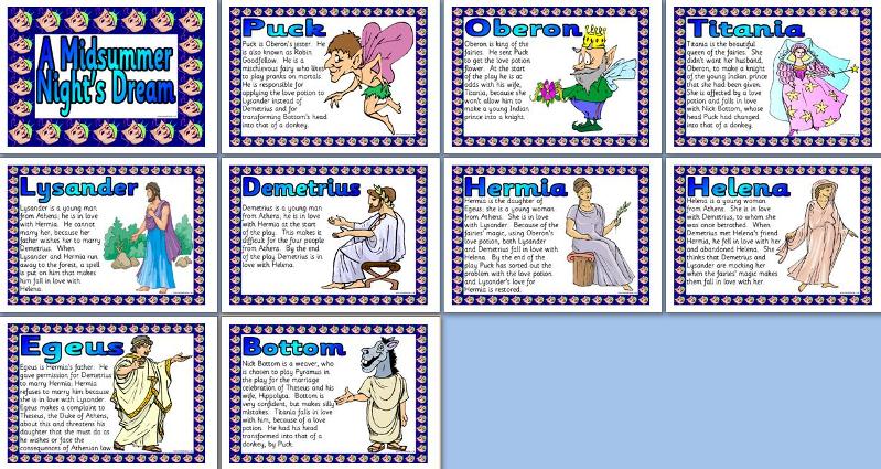 Free printable Shakespeare's Midsummer Nights Dream characters matching resource.  Free literacy teaching resources.