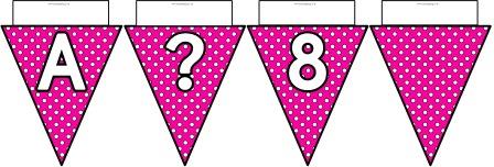 Free printable Pink Polka Dot Bunting, A-Z, ?!&, numbers 0-9 and a blank flag all in one file.  Click image to download.
