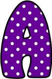 Free printable instant display letter sets with white polka dots on a purple background.