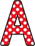 Red background with white polka dots.  Free printable instant display digital lettering sets for classroom display, signs or scrapbooking.