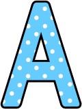 Free printable sky blue with a white polka dot background classroom display lettering sets for bulletin board display.