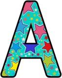 Turquoise background with multicoloured stars background letters for classroom display.