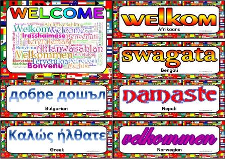 Free printable Welcome in over 40 different languages display posters for classroom bulletin board display.