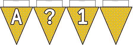 Free printable Yellow Polka Dot Bunting, A-Z, ?!&, numbers 0-9 and a blank flag all in one file.  Click image to download.